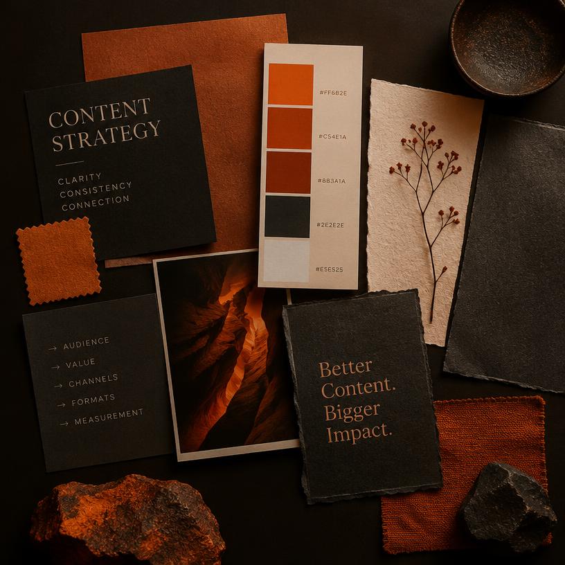 Editorial mood board of content strategy swatches