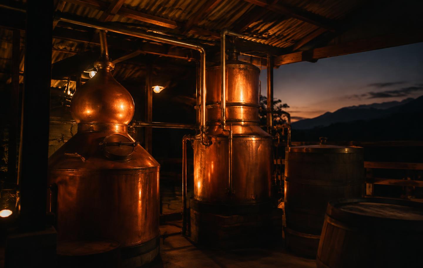 Small-batch distillery at dusk
