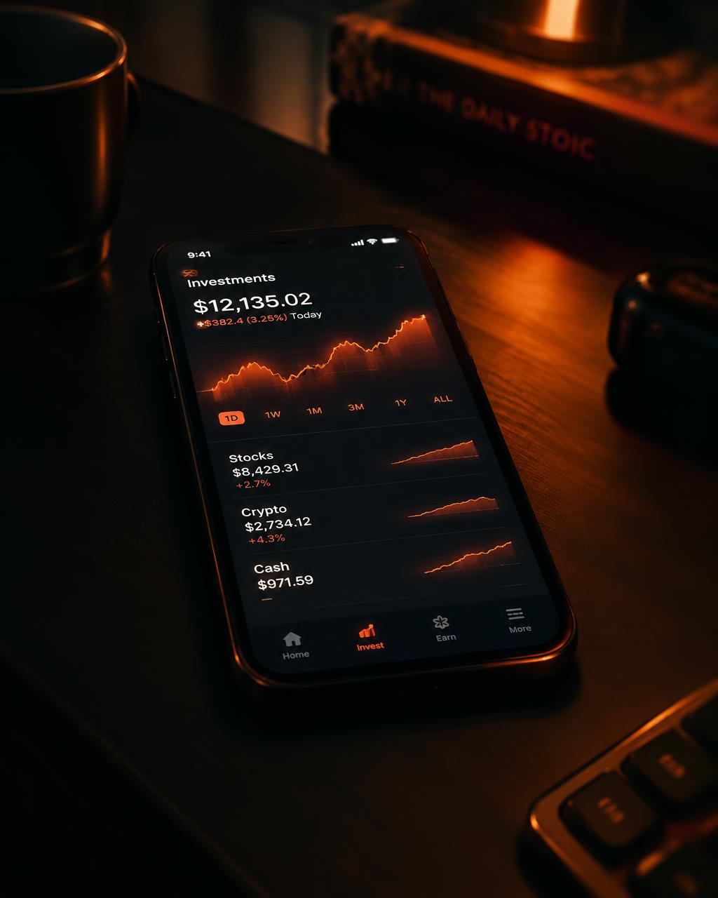 Fintech app glowing on a dark desk